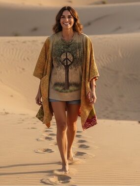 PEACE TREE Reworked Band Tee Poncho Style Pockets Oversized Granny D Original OS